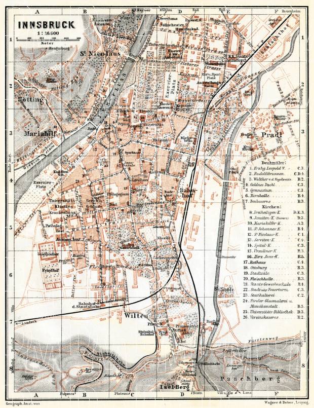 Innsbruck city map, 1910. Use the zooming tool to explore in higher level of detail. Obtain as a quality print or high resolution image