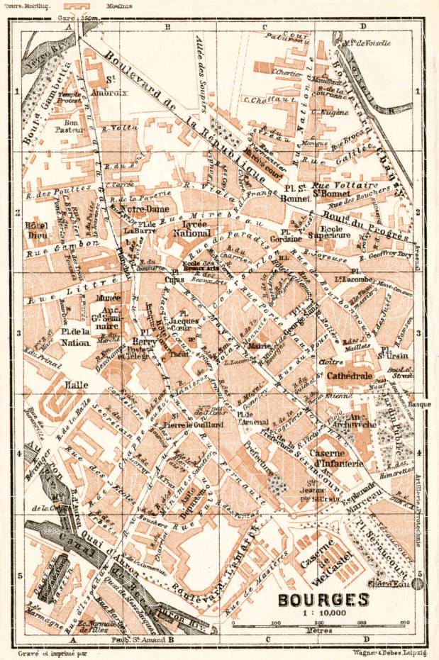 Bourges city map, 1909. Use the zooming tool to explore in higher level of detail. Obtain as a quality print or high resolution image