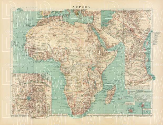 Africa Map (in Russian), 1910. Use the zooming tool to explore in higher level of detail. Obtain as a quality print or high resolution image