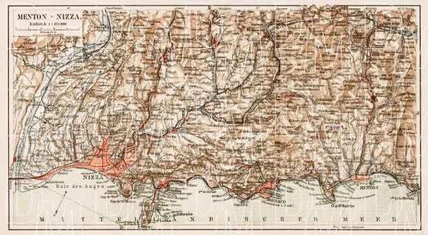 Map of the mediterranean Riviera between Nice and Menton, 1913. Use the zooming tool to explore in higher level of detail. Obtain as a quality print or high resolution image