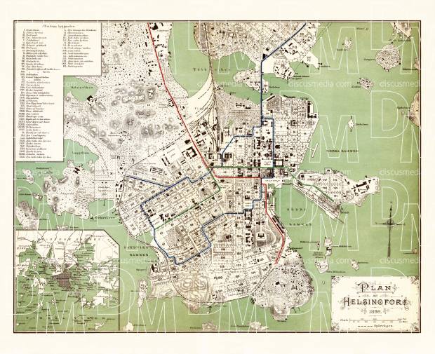 Helsingfors (Helsinki) city map with planned tramway network layout, 1898 (1901). Use the zooming tool to explore in higher level of detail. Obtain as a quality print or high resolution image