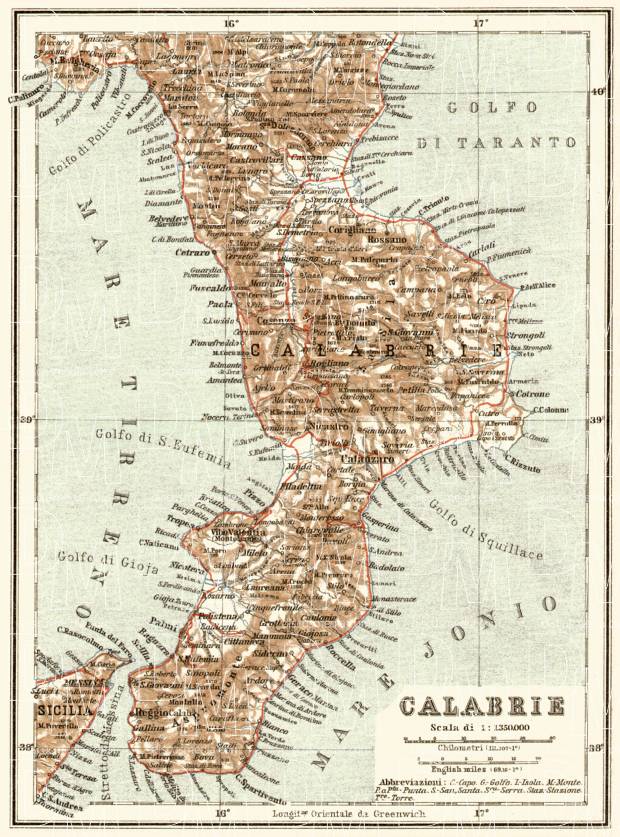 Calabria map, 1929. Use the zooming tool to explore in higher level of detail. Obtain as a quality print or high resolution image