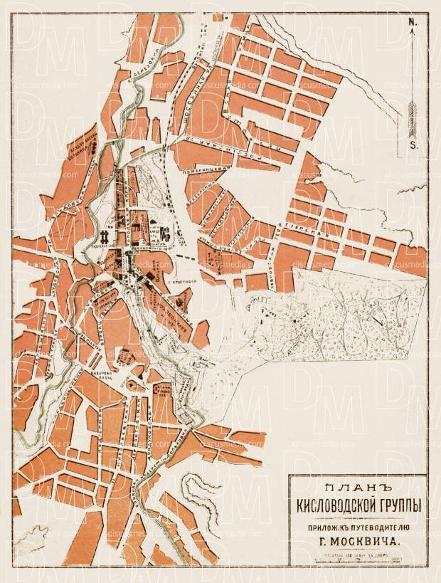 Kislovodsk (Кисловодскъ) town plan, 1912. Use the zooming tool to explore in higher level of detail. Obtain as a quality print or high resolution image