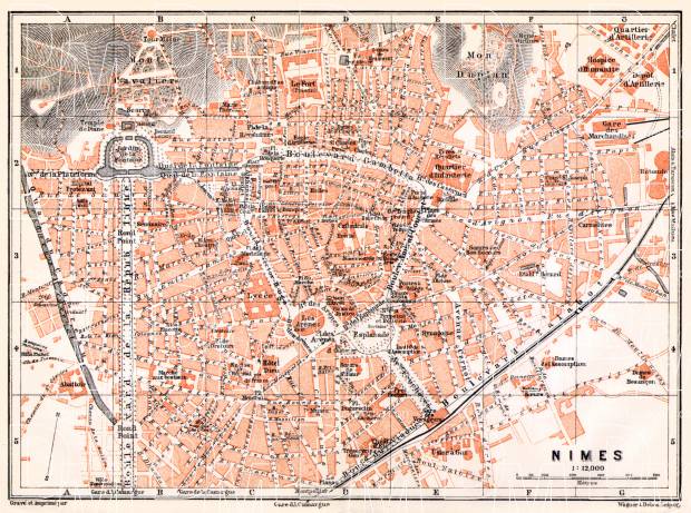Nîmes city map, 1913. Use the zooming tool to explore in higher level of detail. Obtain as a quality print or high resolution image