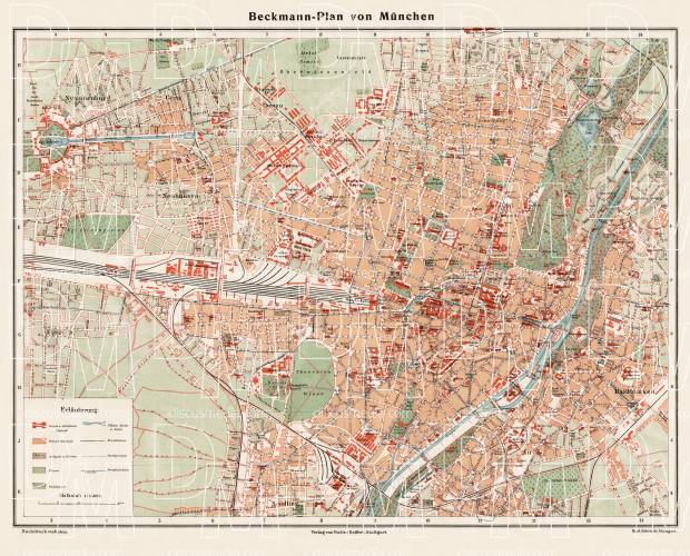 München (Munich) city map, 1910. Use the zooming tool to explore in higher level of detail. Obtain as a quality print or high resolution image