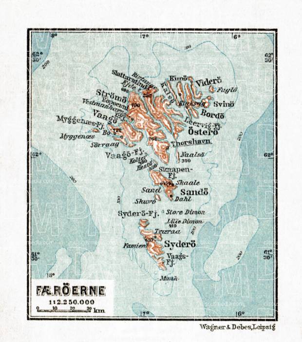 Faroe Islands (Færøerne) map, 1931. Use the zooming tool to explore in higher level of detail. Obtain as a quality print or high resolution image