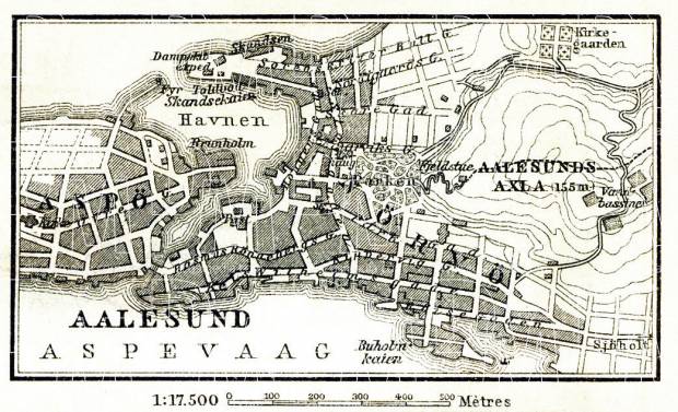 Aalesund (Ålesund) town plan, 1911. Use the zooming tool to explore in higher level of detail. Obtain as a quality print or high resolution image