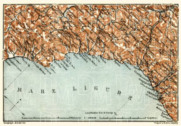 Italian Genoese Riviera (Riviére) from Savona to Genoa map, 1913. Use the zooming tool to explore in higher level of detail. Obtain as a quality print or high resolution image