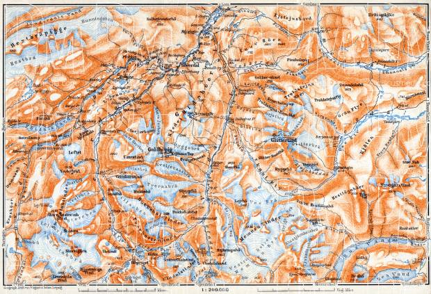 Glittertind environs map, 1910. Use the zooming tool to explore in higher level of detail. Obtain as a quality print or high resolution image