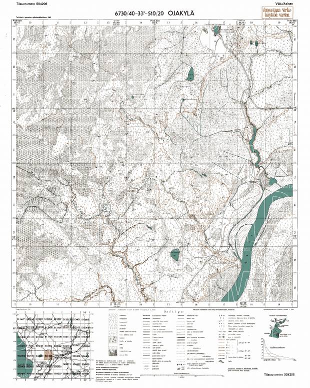 Irvinka River. Ojakylä. Topografikartta 504206. Topographic map from 1942. Use the zooming tool to explore in higher level of detail. Obtain as a quality print or high resolution image