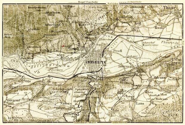 Innsbruck environs map, 1906. Use the zooming tool to explore in higher level of detail. Obtain as a quality print or high resolution image