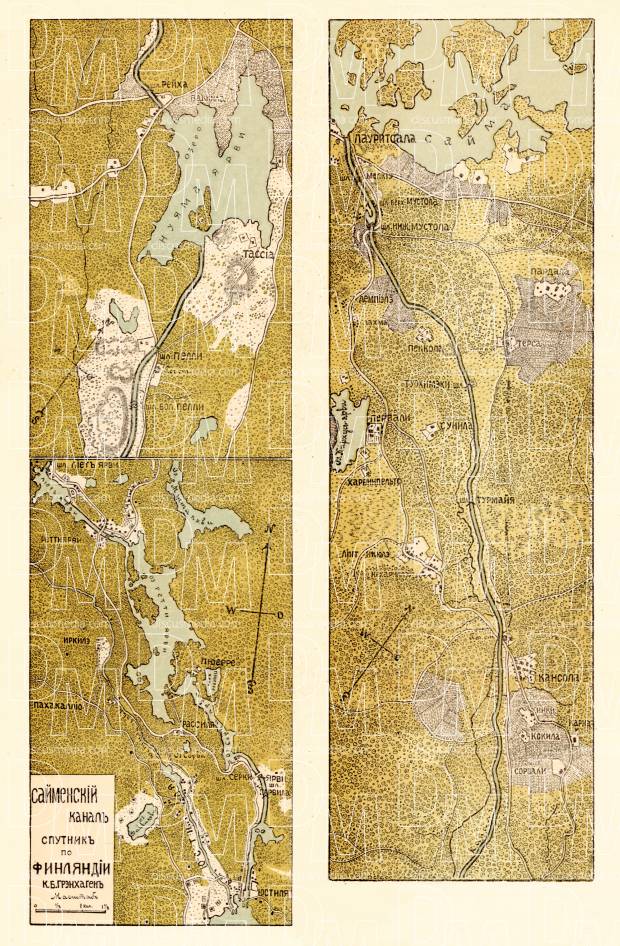 Saimaa Canal map (in Russian), 1913. Use the zooming tool to explore in higher level of detail. Obtain as a quality print or high resolution image
