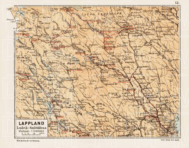 Lappland map. Luleå - Sulitälma, 1899. Use the zooming tool to explore in higher level of detail. Obtain as a quality print or high resolution image