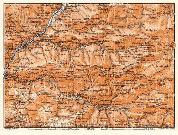 Grödner and Villnös Valleys map, 1906. Use the zooming tool to explore in higher level of detail. Obtain as a quality print or high resolution image