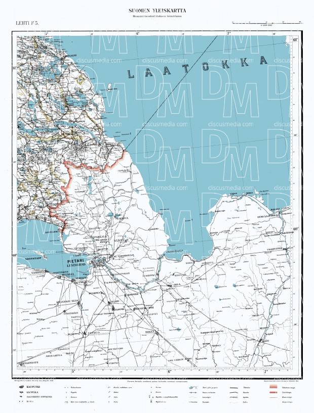 Priozersk. Käkisalmi. Yleiskartta F5. General map from 1942. Use the zooming tool to explore in higher level of detail. Obtain as a quality print or high resolution image