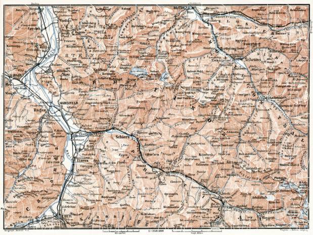 Prätigau and Montafon valleys map, 1909. Use the zooming tool to explore in higher level of detail. Obtain as a quality print or high resolution image