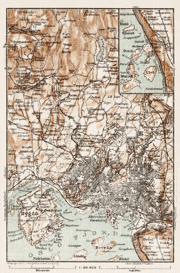 Oslo and environs map, 1929. Use the zooming tool to explore in higher level of detail. Obtain as a quality print or high resolution image