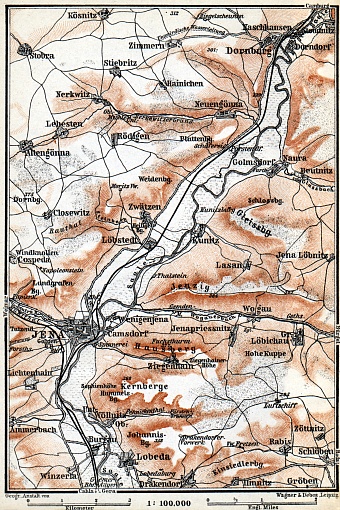 Jena and the River Saale Valley environs map, 1887