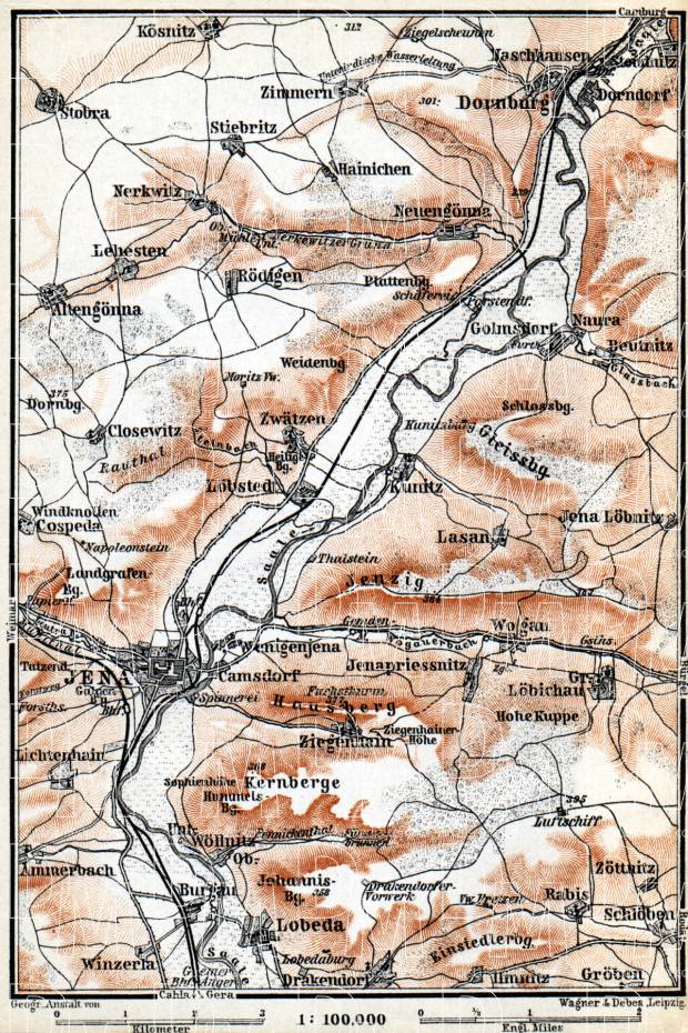 Jena and the River Saale Valley environs map, 1887. Use the zooming tool to explore in higher level of detail. Obtain as a quality print or high resolution image