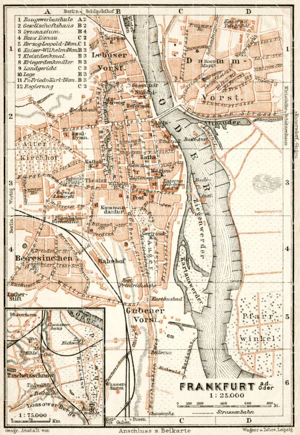 Frankfurt (Oder) city map, 1911. Use the zooming tool to explore in higher level of detail. Obtain as a quality print or high resolution image