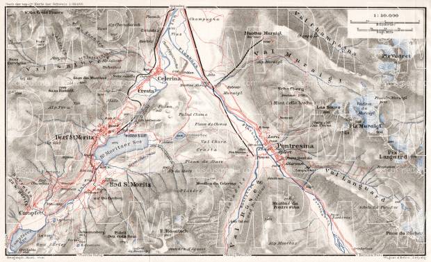 St. Moritz and Pontresina environs map, 1909. Use the zooming tool to explore in higher level of detail. Obtain as a quality print or high resolution image