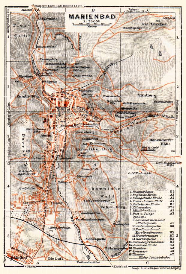 Marienbad (Mariánské Lázne) city map, 1911. Use the zooming tool to explore in higher level of detail. Obtain as a quality print or high resolution image