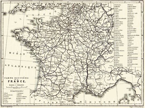 Road map of France, 1885. Use the zooming tool to explore in higher level of detail. Obtain as a quality print or high resolution image