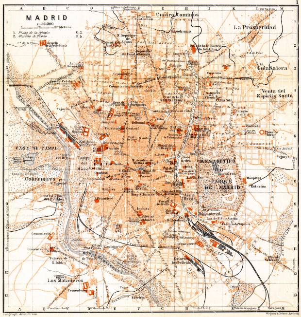 Madrid city map, 1899. Use the zooming tool to explore in higher level of detail. Obtain as a quality print or high resolution image
