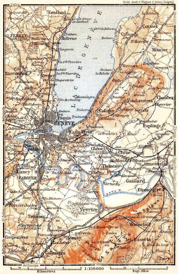 Geneva (Genf, Genève) and environs map, 1897. Use the zooming tool to explore in higher level of detail. Obtain as a quality print or high resolution image