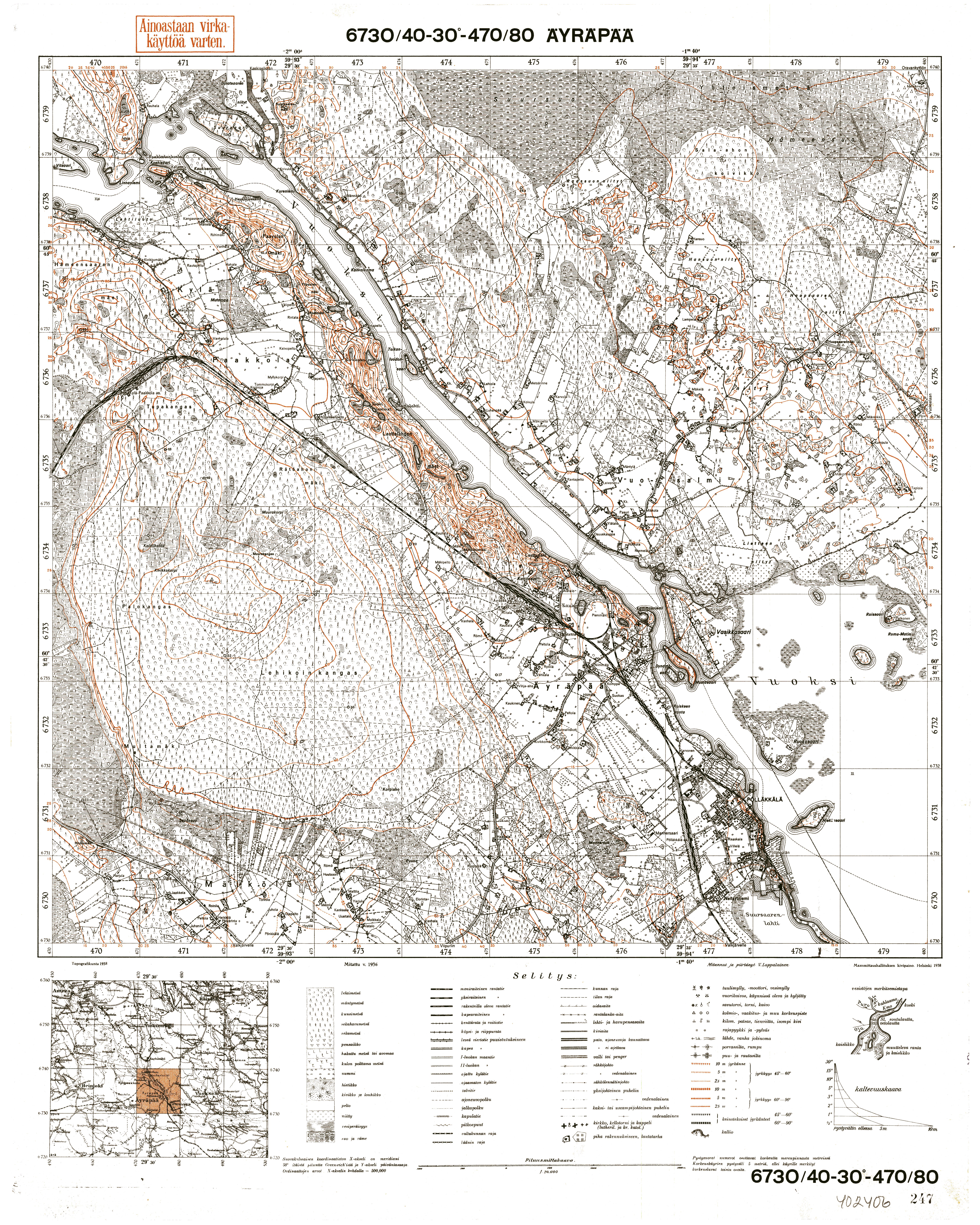 Baryševo. Äyräpää. Topografikartta 402406. Topographic map from 1935. Use the zooming tool to explore in higher level of detail. Obtain as a quality print or high resolution image