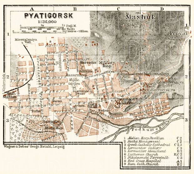 Pyatigorsk (Пятигорскъ) city map, 1914. Use the zooming tool to explore in higher level of detail. Obtain as a quality print or high resolution image