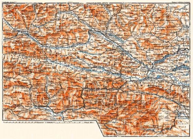 Kärntner (Carrinthian) Alps; Gailthal Alps from Lienz to Wörthersee map, 1911. Use the zooming tool to explore in higher level of detail. Obtain as a quality print or high resolution image