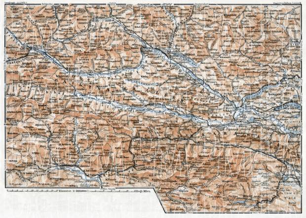 Carinthian Alps (Kärntner Alpen) from Lienz to Wörther-See district map, 1910. Use the zooming tool to explore in higher level of detail. Obtain as a quality print or high resolution image
