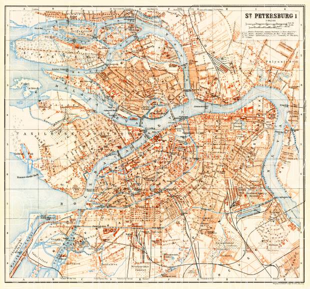 Saint Petersburg (Санктъ-Петербургъ, Sankt-Peterburg) city map (in English), 1914. Use the zooming tool to explore in higher level of detail. Obtain as a quality print or high resolution image