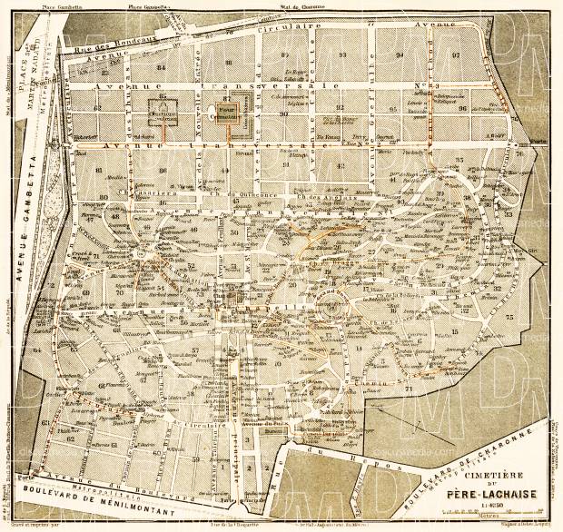 Pére Lachaise Cemetery map, 1903. Use the zooming tool to explore in higher level of detail. Obtain as a quality print or high resolution image