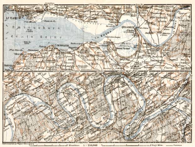 Seine River course map from le Havre to Louviers, 1909. Use the zooming tool to explore in higher level of detail. Obtain as a quality print or high resolution image