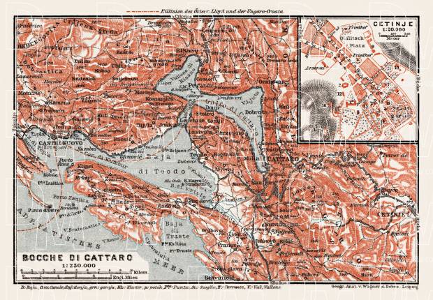 Map of the Gulf of Kotor (Boka Kotorska) and Cetinje town plan, 1913. Use the zooming tool to explore in higher level of detail. Obtain as a quality print or high resolution image