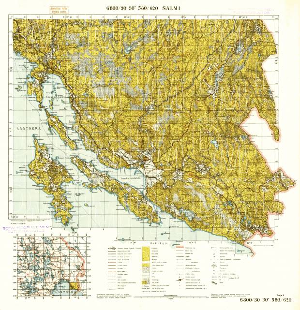 Salmi. Topografikartta 5121, 5123. Topographic map from 1940. Use the zooming tool to explore in higher level of detail. Obtain as a quality print or high resolution image