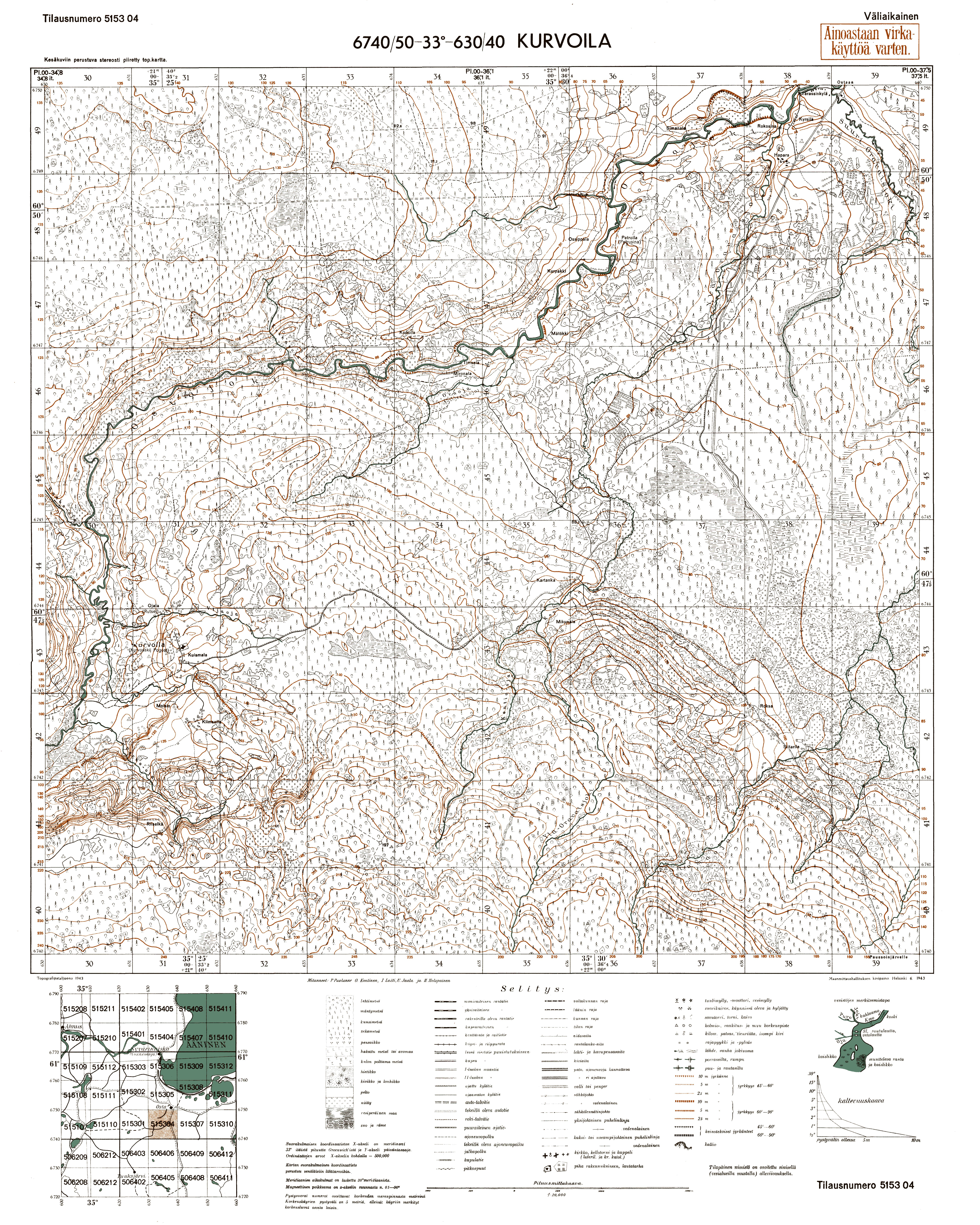 Kurvošskij Pogost. Kurvoila. Topografikartta 515304. Topographic map from 1943. Use the zooming tool to explore in higher level of detail. Obtain as a quality print or high resolution image