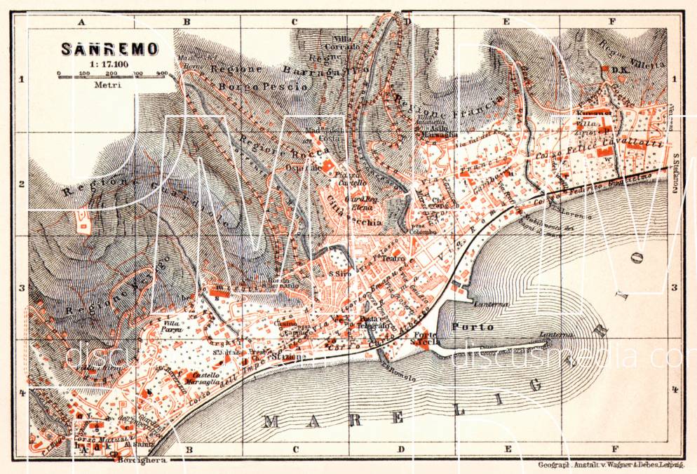 Old map of Sanremo in 1913. Buy vintage map replica poster print or