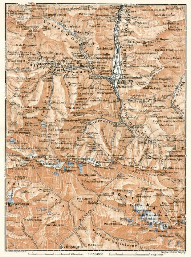 Mont Maudit and town of Bagnères-de-Luchon environs map, 1902. Use the zooming tool to explore in higher level of detail. Obtain as a quality print or high resolution image