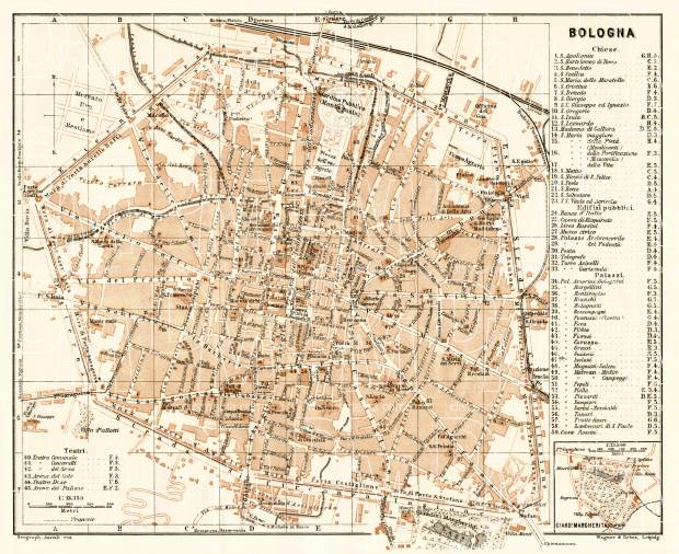 Bologna city map, 1908. Use the zooming tool to explore in higher level of detail. Obtain as a quality print or high resolution image