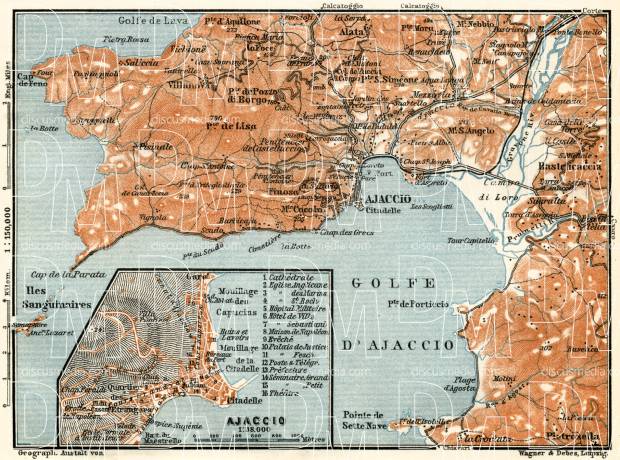 Ajaccio and environs map, 1913. Use the zooming tool to explore in higher level of detail. Obtain as a quality print or high resolution image