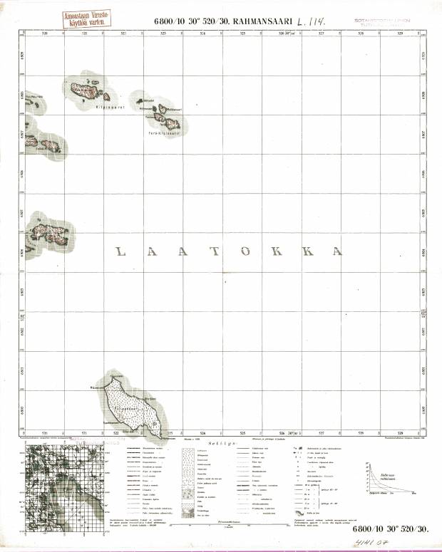 Rahmansaari. Topografikartta 414107. Topographic map from 1939. Use the zooming tool to explore in higher level of detail. Obtain as a quality print or high resolution image