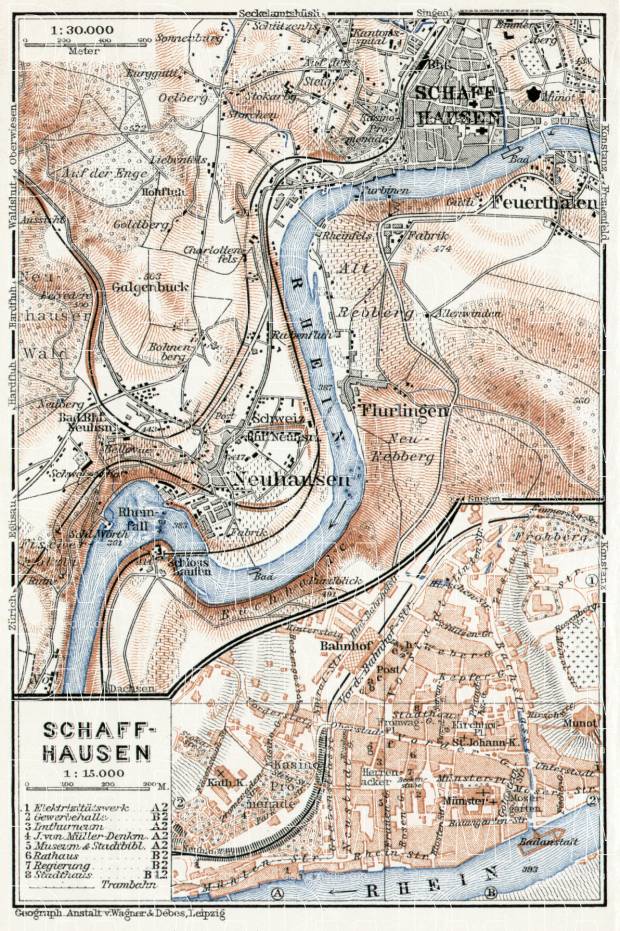 Schaffhausen (Schaffhouse) and environs map, 1909. Use the zooming tool to explore in higher level of detail. Obtain as a quality print or high resolution image