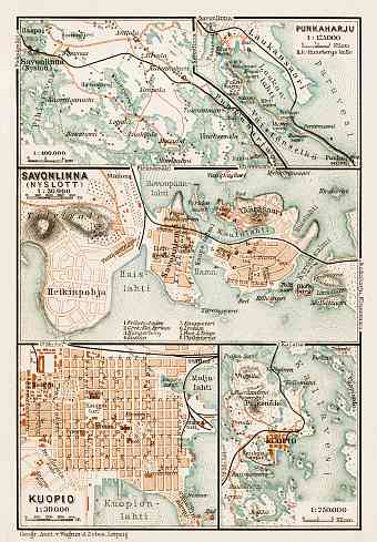 Nyslott (Savonlinna) town plan. Punkaharju Ridge Map. Kuopio town plan, with map of environs of Kuopio, 1929