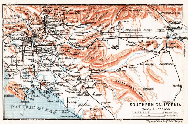 Southern California map, 1909. Use the zooming tool to explore in higher level of detail. Obtain as a quality print or high resolution image