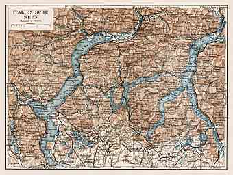 Italian Lakes. Como Lake (Lago di Como), Lugano Lake (Lago di Lugano) and Lake Maggiore with their environs, region map, 1913