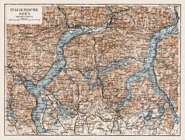Italian Lakes. Como Lake (Lago di Como), Lugano Lake (Lago di Lugano) and Lake Maggiore with their environs, region map, 1913. Use the zooming tool to explore in higher level of detail. Obtain as a quality print or high resolution image