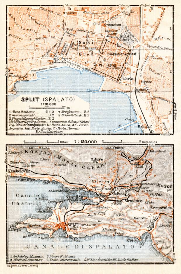 Split (Spalato) town plan. Map of the environs of Split, 1929. Use the zooming tool to explore in higher level of detail. Obtain as a quality print or high resolution image
